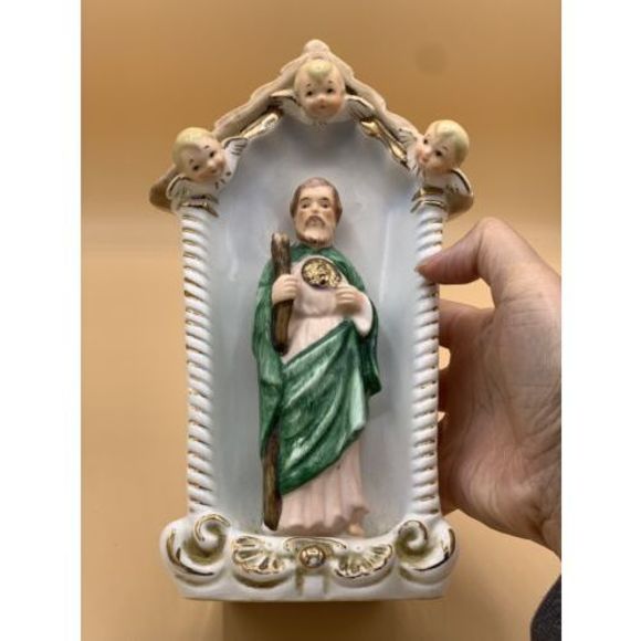 Vintage Virgin Mary Jesus Ceramic Planter Head And St Francis with Angels - Picture 7 of 11